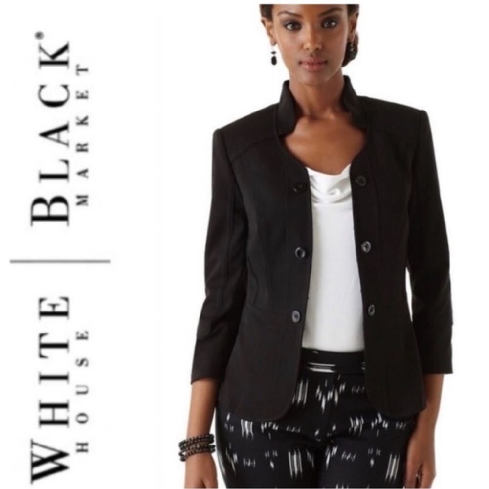 WHBM Black Stand Up Sweetheart Collar Peplum Blazer Seasonless 6P $200 NWOT